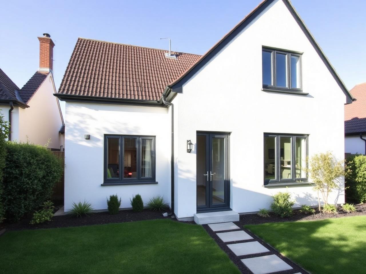 The same house after renovation with new plaster, windows and landscaping