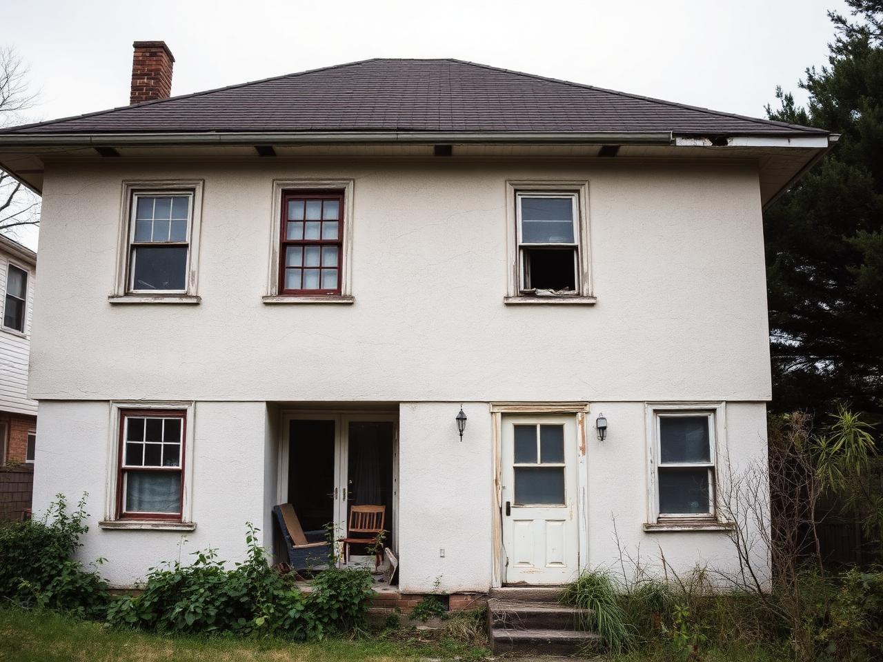 House exterior before renovation with cracked plaster and faded paint